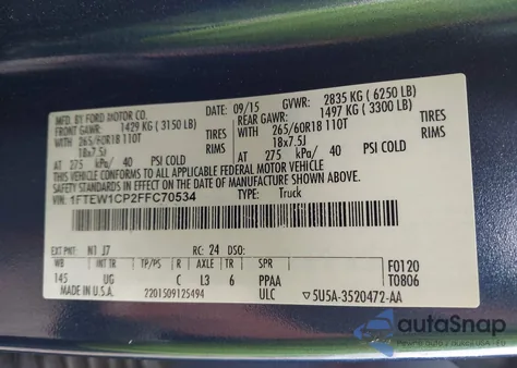 2015 Ford F-150 Xlt из США, поврежденный, VIN 1FTEW1CP2FFC70534